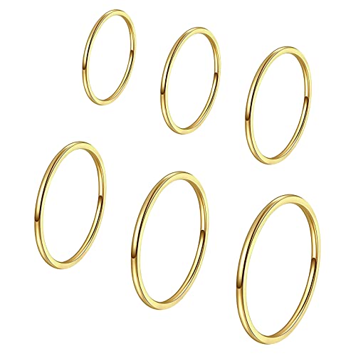 ALEXTINA 1mm Stainless Steel Stacking Rings for Women Thin 14K Gold Plated Band Rings Non Tarnish Stackable Knuckle Rings Thumb Pinky Midi Rings Comfort-Fit Size 4/5/6/7/8/9 - style: Domed