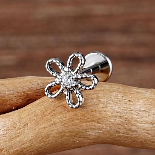 FINE4U 1PC ASTM F136 Titanium 16G Flatback Stud for Tragus, Helix, Conch 6mm 8mm - Screw on Cartilage Earring Piercing Jewelry - color: Flower - Tit