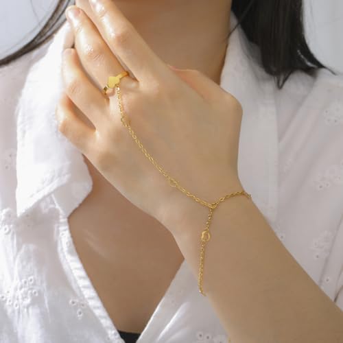 UNIFT Hand Chain Bracelets for Women Set Stainless Steel Adjustable Heart or Four-Leaf Clover Ring Chain Bracelet Trendy Dainty Jewelry Set Gifts - color: gold1