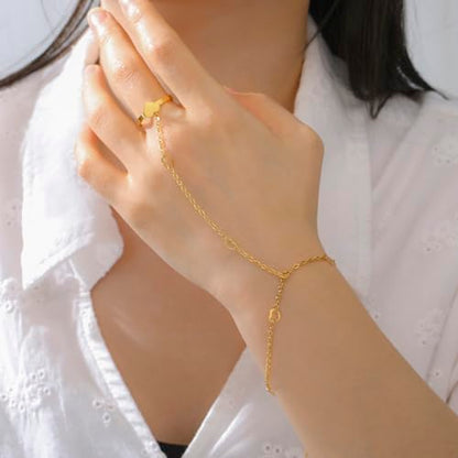 UNIFT Hand Chain Bracelets for Women Set Stainless Steel Adjustable Heart or Four-Leaf Clover Ring Chain Bracelet Trendy Dainty Jewelry Set Gifts - color: gold1