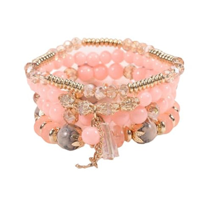 Caiyao 4Pcs Bohemia Multilayer Stackable Beaded Bracelets Set Colorful Crystal Stone Gold Beaded Stretch Bracelets Hawaii Charm Bracelet for Women Men Summer Beach Boho Vacation Jewelry Gifts - color: Pink