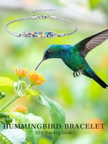 Waves/Tree of Life/Mushrooms/Moon Phase/Butterfly/Hummingbird Bracelet/Anklet 925 Sterling Silver Adjustable Abalone Shell Bar Bracelet/Anklet Summer Jewelry Gifts for Women - color: Hummingbird, size: Bracele 7"+2"