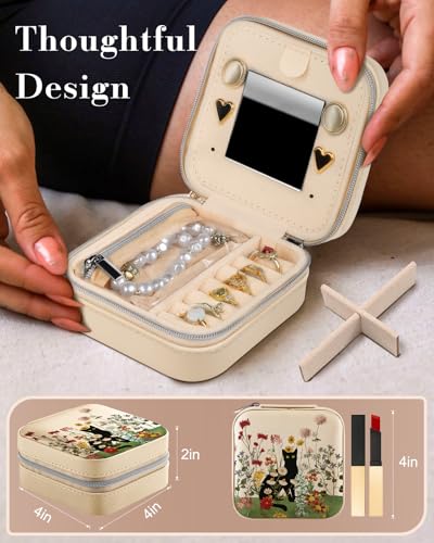 Bistup Travel Jewelry Case - Small Jewelry Organizers and Storage Box for Women Girls Teens Cute Traveling Jewelry Holder with Mirror Little Tiny Compact Modern Unique Aesthetic Pretty, Cat Flower - style: Cat Flower