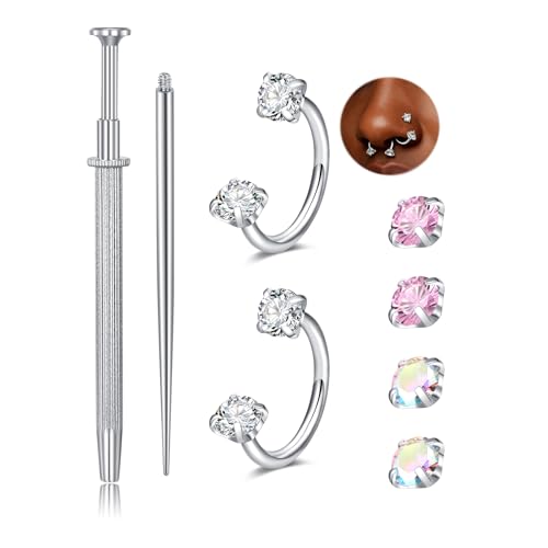 QWALIT 18g 20g Nose Stud 18g Surgical Stainless Steel Silver Gold Horseshoe Nose Ring for Women Hypoallergenic Double Stud Gem 18gauge Corkscrew Nostril Piercing Jewelry for Men Trendy - color: 31- double stud -18g 8mm- silver