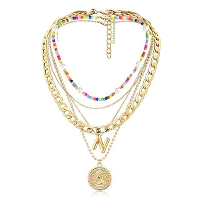 MJartoria Layered Necklaces for Women Trendy Balloon Initial Pendant Necklace Dainty Chunky Chain Beaded Choker Necklaces Jewelry Birthday Gifts - color: Gold, style: N