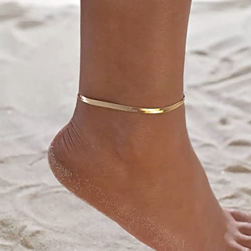 NONAMOIS Ankle Bracelets for Women Dainty 18K Gold Plated Anklet Waterproof Round Beaded Paperclip Herringbone Pearl Chain Anklets Waterproof Beach Foot Jewelry - color: 3mm Snake-Gold