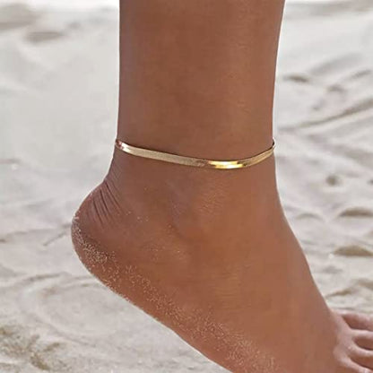 NONAMOIS Ankle Bracelets for Women Dainty 18K Gold Plated Anklet Waterproof Round Beaded Paperclip Herringbone Pearl Chain Anklets Waterproof Beach Foot Jewelry - color: 3mm Snake-Gold