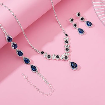 Paxuan Silver/Gold Rhinestone Crystal Wedding Bridal Bridesmaids Earrings Bracelet Set for Women Brides Bridesmaids Crystal Rhinestone Bracelet Earrings Set for Wedding Bridal Prom Pageant - color: Sapphire Blue