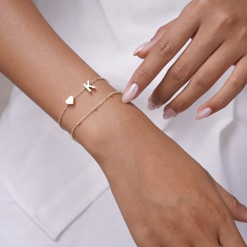 Gold Initial Bracelets for Women Trendy, Dainty Layered 14K Gold Plated Heart Letter Charm Bracelets, letter beads for name bracelets Jewelry Gifts - color: Gold-K