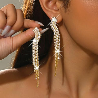 Gold Rhinestone Tassel Dangle Earrings for Women,Long Sparkly Crystal Statement Earring,Trendy Bridal Wedding Prom Jewelry Accessories - color: Golden