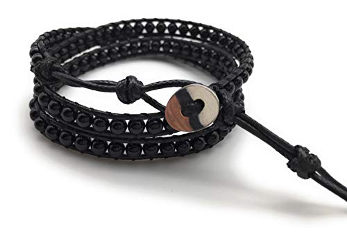 Handmade Alloy Leather Natural Stone Bead Statement Bracelet Bangle Cuff Rope 3 Wrap Adjustable Jewelry Collection - color: Black Agate & Black Leather Cord