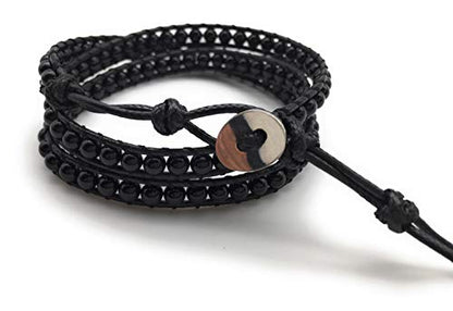 Handmade Alloy Leather Natural Stone Bead Statement Bracelet Bangle Cuff Rope 3 Wrap Adjustable Jewelry Collection - color: Black Agate & Black Leather Cord