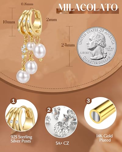 MILACOLATO 925 Sterling Silver Dangle Earrings for Women Hypoallergenic | Trendy 14K Gold Plated Triple Huggie Hoop Earrings Dainty Chain Drop Cubic Zirconia Earring Statement Hoops Fashion Jewelry - color: Pearl Chain New