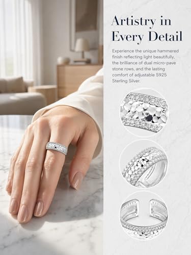 Heavy Solid 925 Sterling Silver, Band Ring for Women, Adjustable (Sizes 6–9) Open, weight 3.7g, Statement Ring with Dual Micro-Pave Stones - color: Silver