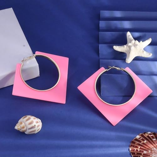 Colorful Large Hoop Earrings for Women Big Square Hollow Hoops Dangle Earrings Trendy Chunky Geometric Square Earring 80s 90s Neon Hoop Dangle Earrings - color: pink