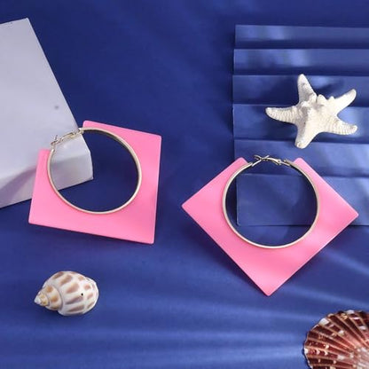 Colorful Large Hoop Earrings for Women Big Square Hollow Hoops Dangle Earrings Trendy Chunky Geometric Square Earring 80s 90s Neon Hoop Dangle Earrings - color: pink