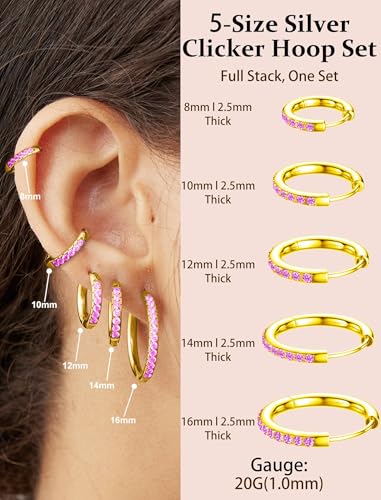 5 Pairs Huggie Hoop Earrings, Cubic Zirconia 14K Gold-Plated 316L Surgical Steel, Hypoallergenic Lightweight Design for Women & Men Cartilage & Multi-Piercing Stacking(13-21mm) - color: F+gold+Pink