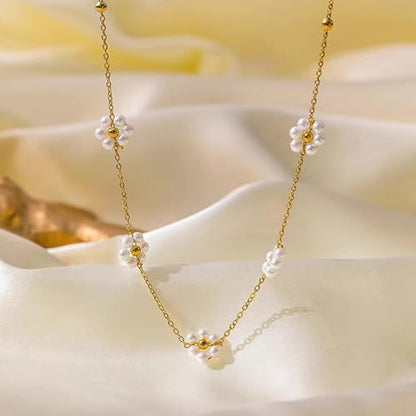 Zeffy Pearl Necklace 4MM/6MM/8MM Dainty Round Imitation Pearl Choker Necklace Wedding Pearl Necklace Delicate Jewelry for Women Simple Bridesmaid Jewelry Gifts - style: Gold Pearl Daisy Necklace(15"+2")