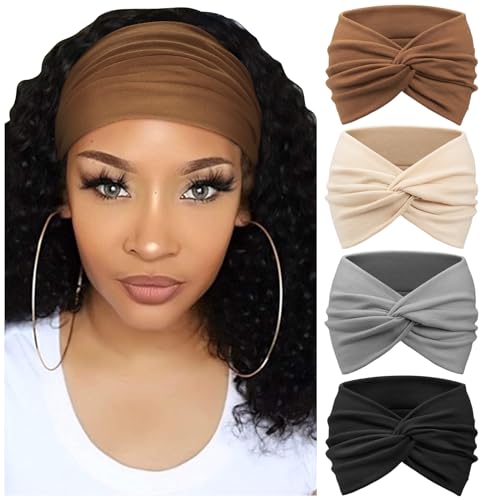 DRESHOW 4 Pack Turban Headbands for Women Wide Vintage Head Wraps Knotted Cute Hair Band Accessories - color: 4 Pcs: Beige,black,coffee,grey