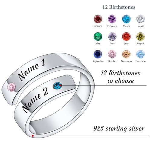 INBLUE Personalized 925 Sterling Silver Spiral Twist Ring for Women Customized Engraving Name/Date with Birthstones Adjustable Open Wrap Band Promise Ring Gift for Wedding Engagement - color: Text