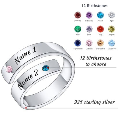 INBLUE Personalized 925 Sterling Silver Spiral Twist Ring for Women Customized Engraving Name/Date with Birthstones Adjustable Open Wrap Band Promise Ring Gift for Wedding Engagement - color: Text