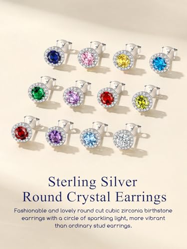 Suplight 925 Sterling Silver Birthstone Stud Earrings for Women, Round/Heart/Teardrop/Square Crystal Diamond Earrings for Women, Dainty Birthday Gifts Jewelry - color: style a-12. round-December(Created Blue Topaz)