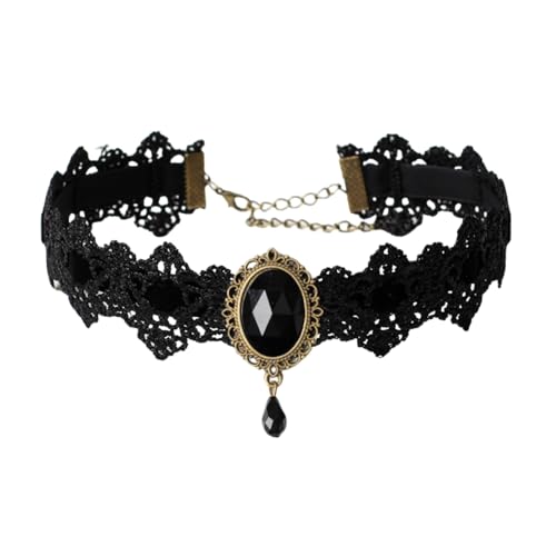 Gothic Lace Choker Necklace for Women Vintage Velvet Gemstone Clavicle Chain Punk Style Hollowed Out Lace Necklaces Halloween Vampire Party Jewelry - color: Black