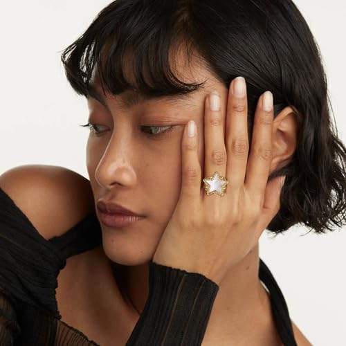 HZMAN 14K Gold Plated Open Ring for Women Brass Crystal Non Adjustable Statement Ring Collection - color: Star Mother of Pearl