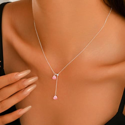 925 Sterling Silver Dainty Cubic Zirconia Lariat Heart Necklace for Women | 14k Gold Plated Cute Pink Crystal Love Heart Pendant Necklaces Adjustable Diamond Y Shaped Drop Chain Necklace Jewelry Gift - color: Silver