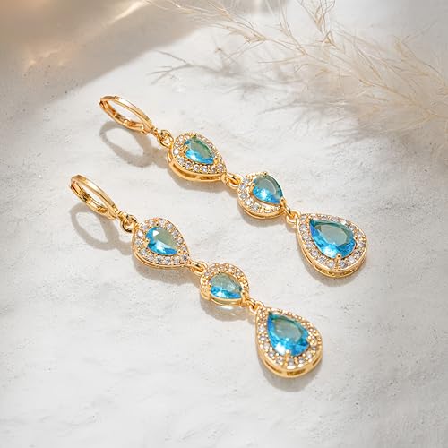 18K Gold Plated Flower Dangle Earrings for Women, Hypoallergenic Cubic Zirconia Earrings, Elegant CZ Drop Earrings, Statement Jewelry Gifts Party Fashion - style: OBS0354-Blue