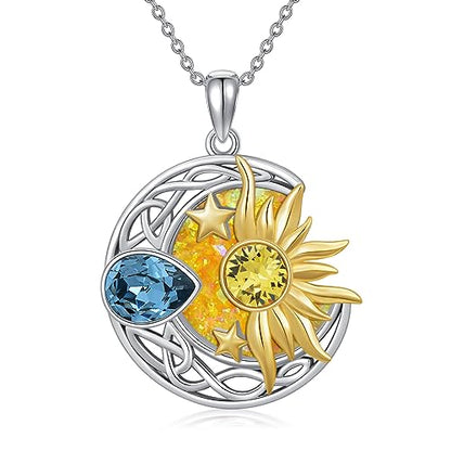 AOBOCO 925 Sterling Silver Moon Sun Star Necklace Celtic Jewelry for Women Girls - color: Silver&gold&yellow Opal