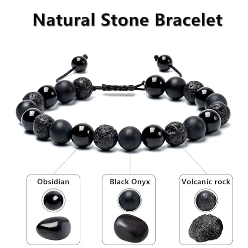 SAMXY Triple Protection Bracelet, 8mm Healing Crystal Bead Bracelet, 3pcs Blue Red Tiger's Eye Obsidian Hematite Bracelet Women Men - color: 2pcs-obsidian