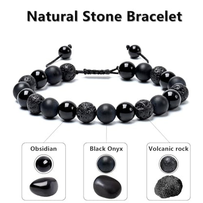 SAMXY Triple Protection Bracelet, 8mm Healing Crystal Bead Bracelet, 3pcs Blue Red Tiger's Eye Obsidian Hematite Bracelet Women Men - color: 2pcs-obsidian