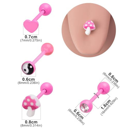 4Pcs Stainless Steel Tongue Rings for Women Cute Pink Heart Mushroom Tai Chi Round CZ Tongue Barbell Studs Cartilage Earrings Dainty Body Piercing Jewelry