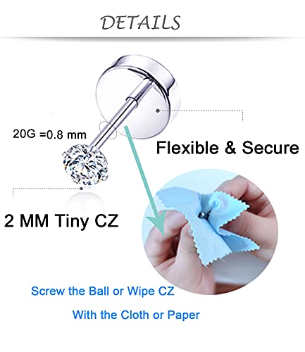 Tornito 10 Pairs Tiny Cartilage Stud Earrings Stainless Steel Small Round CZ Ball Barbell Stud Earrings Tragus Piercing Earring Set for Men Women Screw Flat Back 20G - style: A:10 Pairs,CZ