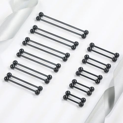 12mm-45mm 16G 14G Nipple Tongue Rings Industril Piercing Jewelry Externally Threaded 316L Surgical Steel Nipple Tongue Barbells Piercing Jewelry for Women Men Silver Black Gold Tone - color: Black:14G-12mm-45mm Bars/5mm Balls
