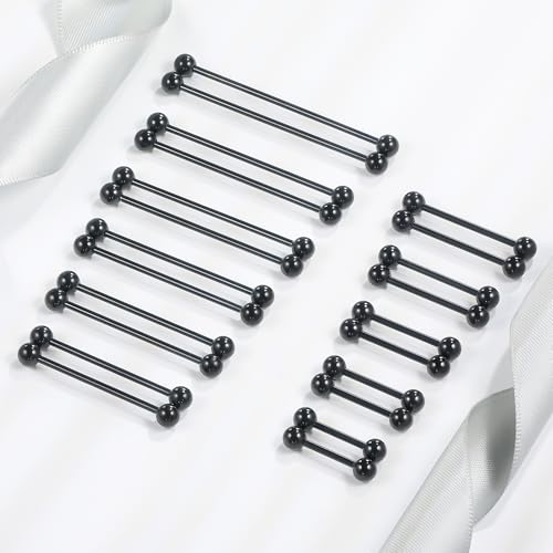 12mm-45mm 16G 14G Nipple Tongue Rings Industril Piercing Jewelry Externally Threaded 316L Surgical Steel Nipple Tongue Barbells Piercing Jewelry for Women Men Silver Black Gold Tone - color: Black:16G-12mm-45mm Bars/5mm Balls
