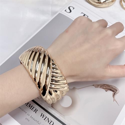 Dainty Twist Stripe Wide Chunky Bangle Bracelets for Women Minimalist Classic 14K Yellow Gold Plated Oval Cuff Wrist Open Bangles Statement Unique Design Fashion Trendy Jewelry Gift