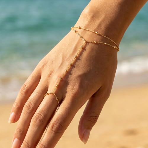 Evil Eye, Heart, Cross-Gold Ring Bracelet Hand Chain Layered Finger Bracelets for Women Delicate Link Chain Jewelry - style: 2 layered satellite chain bracelet-gold