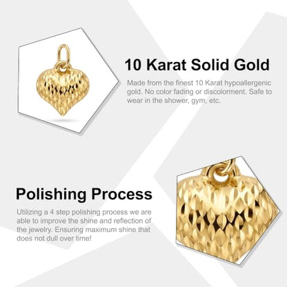 Gold Puffed Heart Charm - 14/10 Karat Gold - High Polish Diamond-Cut Pendant - 3D Jewelry - Great for Gifts - size: Large