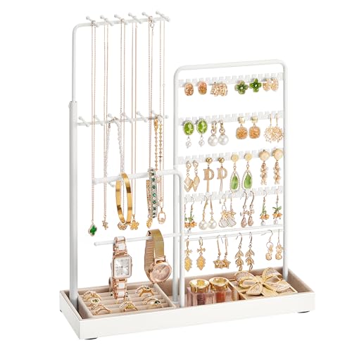 SONGMICS Jewelry Holder, Metal Frame, Velvet Tray, Matte White | Jewelry Storage Organizer Stand with Metal Frame, 12.1 to 18.7 Inches Tall Height Adjustable Necklace Holder for Rings - color: Matte White