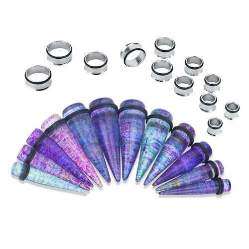 24PC Ear Gauge Stretching Kit Acrylic Tapers and Surgical Steel Tunnels Plugs 00G-20MM Gauge Stretching Kit - color: Rainbow Silver