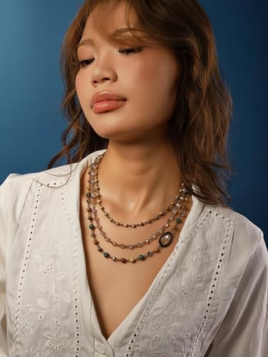 MINACHI Boho Multi Layer Necklace with Green Stone Beads, Handmade Beaded Chain Necklace, Vintage Hippie Jewelry for Women - style: Necklace NECK.006