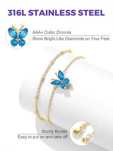 Richsteel Double Layer Heart/Butterfly Birthstone Anklet for Women | Non Tarnish Waterproof, Silver/Gold/Black Stainless Steel 8.5-10.5 Inch Adjustable Chain Anklets Summer Beach Foot Jewelry - color: Gold Butterfly-12 Dec.(Blue Topaz)