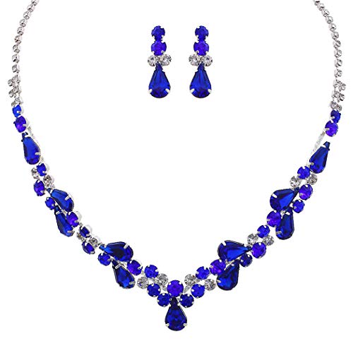 Rosemarie Collections Women's Stunning Rhinestone Crystal Teardrop Statement Necklace Hypoallergenic Drop Earrings Set, 15"+6" Extender - color: Sapphire Blue Silver Tone