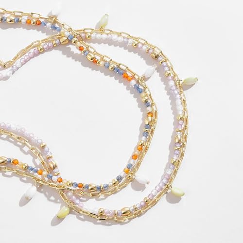 KissYan Beaded Anklets for Women, Seed Beads Layered Ankle Bracelets | Zirconia Anklet with 14K Gold Plated Link Chain, Adjustable Summer Bead Foot Chain, Sparkling Handmade Jewelry Gift - color: Violet