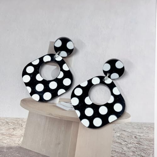 Polka Dot Black White Dangle Drop Earrings for Women | Cute Geometric Resin Statement Dangling Stud Fashion Y2K Jewelry - color: Rectangle