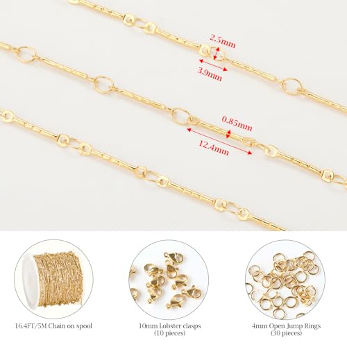 KYUNHOO 5M Gold Plated Jewelry Making Chains Embossed Stick Chain Links | Thin Craft Chains on Spool 304 Stainless Steel Gold Chain for Handcraft DIY - color: Stick Gold