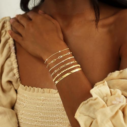 NECOCY Gold Bracelets Sets for Women Waterproof | Non Tarnish Gold Plated Cuban Paperclip Link Chain Stackable，Trendy Jewelry Accessories Gifts for Women - style: 6Pcs BRACELET SET-04