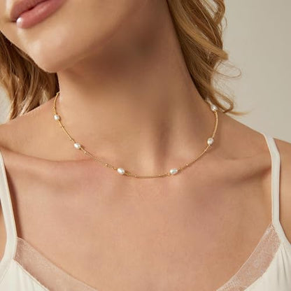 Dainty Pearl Pendant Necklaces for Women 14K Gold Plated Handmade Layered Pearl Chain Necklace Delicate Layered Pearl Necklace Everyday Jewelry Gift - color: NK02-Satellite-Gold